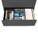 Open gray filing cabinet drawer with organized documents and folders. (Charcoal)