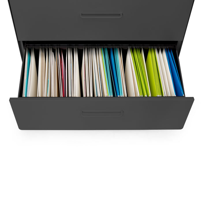 Black office drawer filled with organized colorful folders on a white background. (Charcoal)