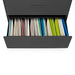 Black office drawer filled with organized colorful folders on a white background. (Charcoal)
