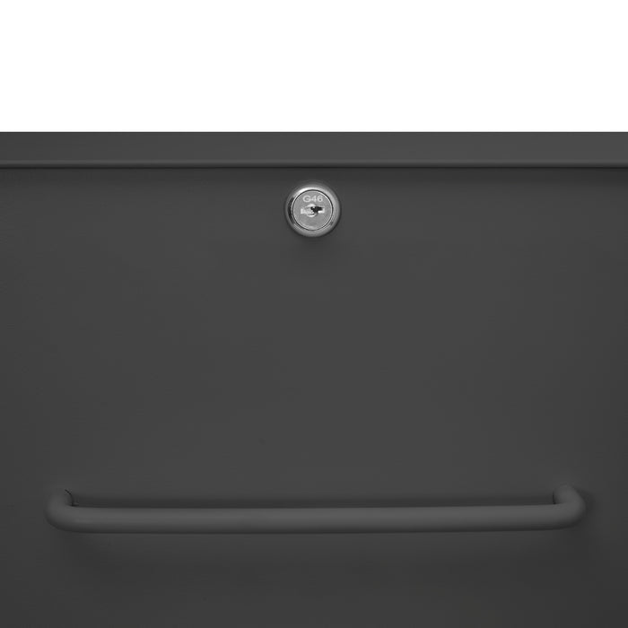 Close-up of a black drawer front with silver handle and screw. (Charcoal)