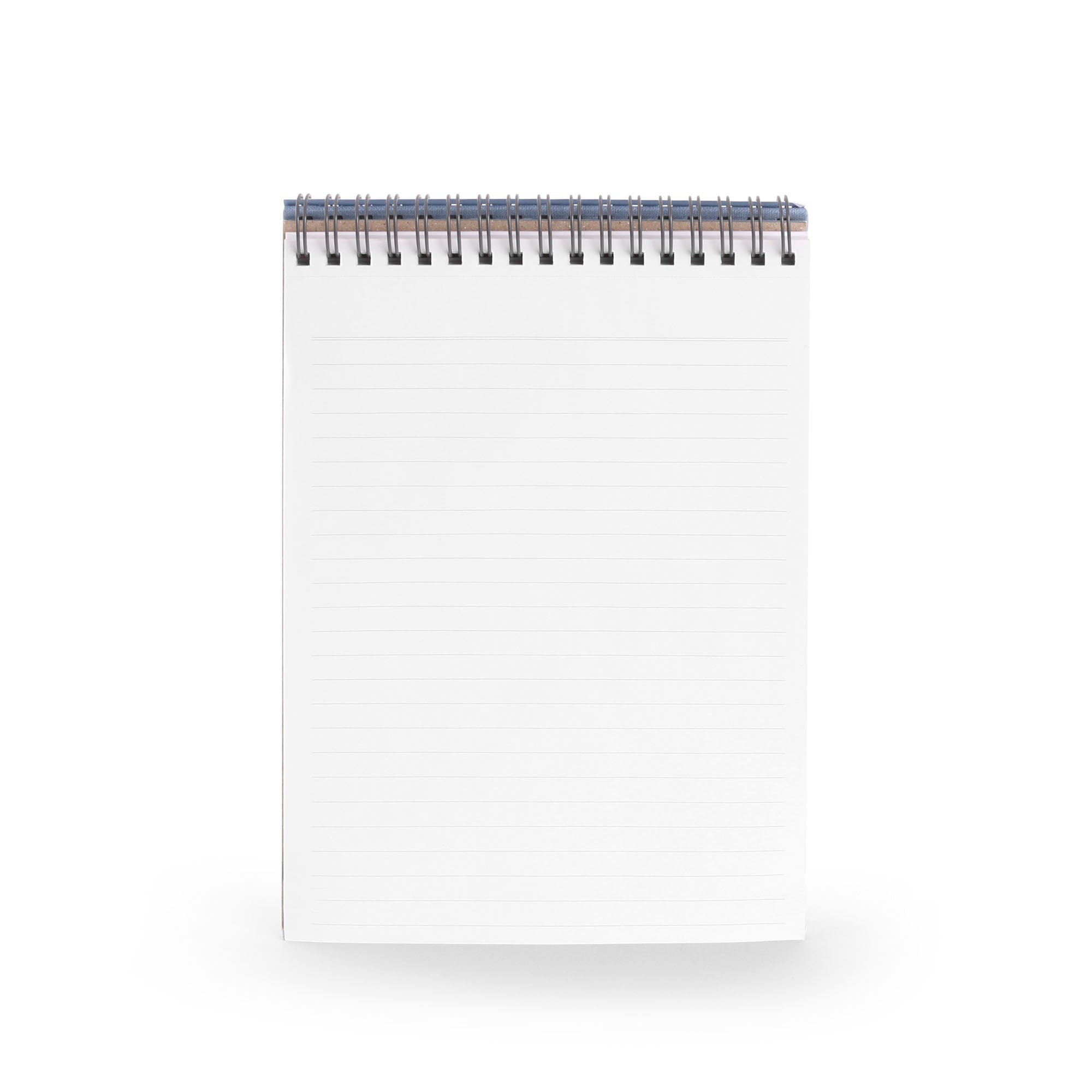 Blue spiral notebook with white lettering on light background. (Coast)
