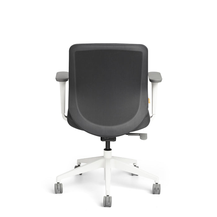 Ergonomic office chair with mesh backrest and white wheeled base on a white background. (Dark Gray-Mid Back)