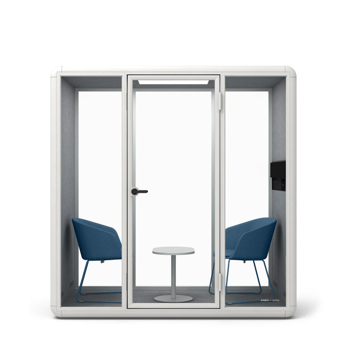 Modern office pod with blue chairs and table on white background (Dark Blue)