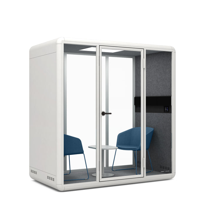 Modern office phone booth with blue chairs and white structure on a white background. (Dark Blue)