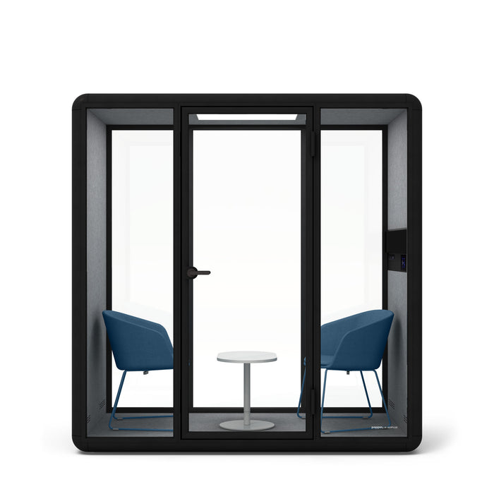 Modern office pod with black frame, blue chairs, and a white table against a white background. (Dark Blue)
