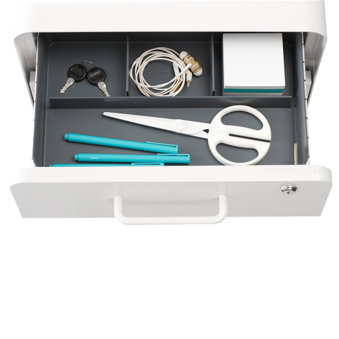 Organized white drawer with everyday items including keys, pen, scissors, and earphones. (Dark Gray)