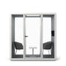 Modern office pod with glass doors, two chairs, and a table on a white background. (Dark Gray)