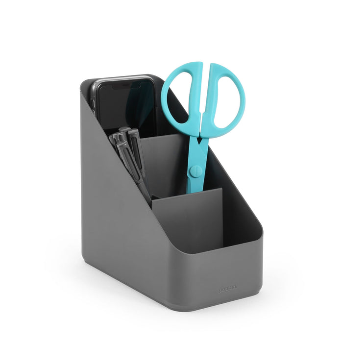 Modern desk organizer with smartphone and blue scissors on white background. (Dark Gray)