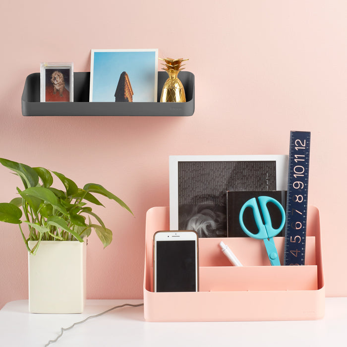 Modern home office shelf with plant, stationery, smartphone, and decor against a pink wall. (Dark Gray)