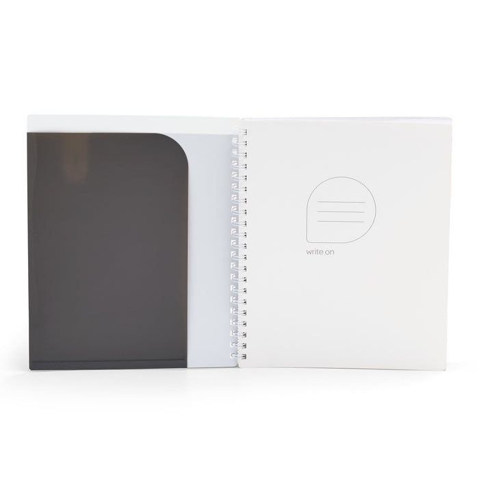 Blank open notebook with spiral binding on a white background. (Dark Gray-1 Subject)