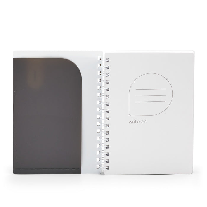 Blank spiral notebook with pen holder on white background. (Dark Gray)
