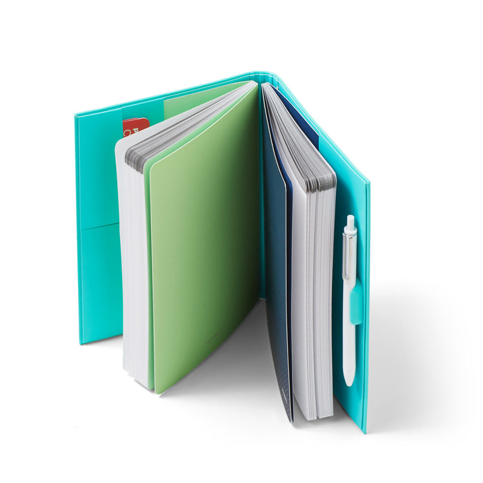 Turquoise notebook with elastic closure open on white background (Aqua)(Blush)