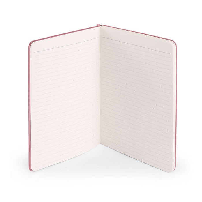 Open blank lined notebook with red binding on white background. (Dusty Rose)