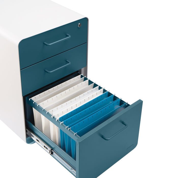 Blue file cabinet with open drawer showing organized folders against a white background. (Slate Blue-White)