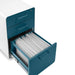 Blue filing cabinet with open drawer and organized documents. (Slate Blue-White)