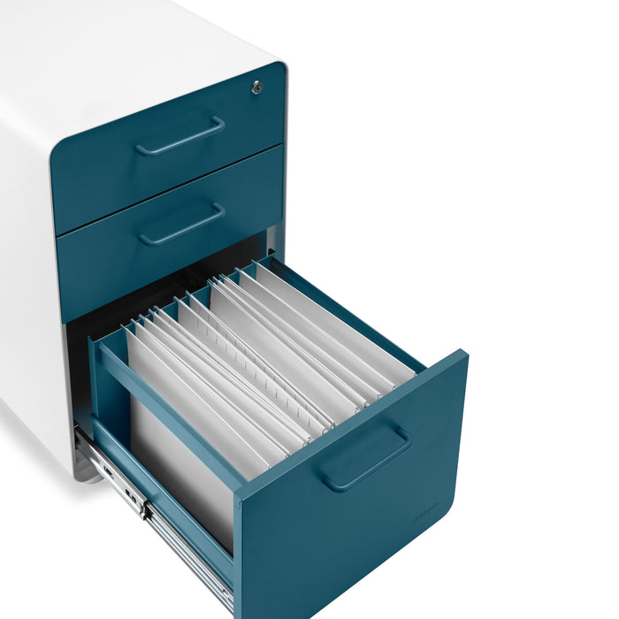 Modern teal file cabinet with open drawer showing organized documents (Slate Blue-White)