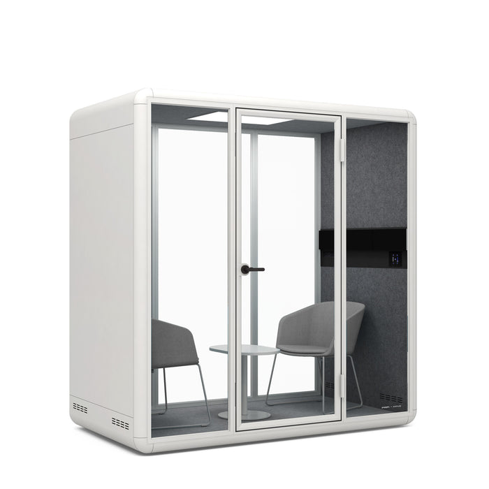Modern office pod with glass doors and two chairs on a white background. (Gray)