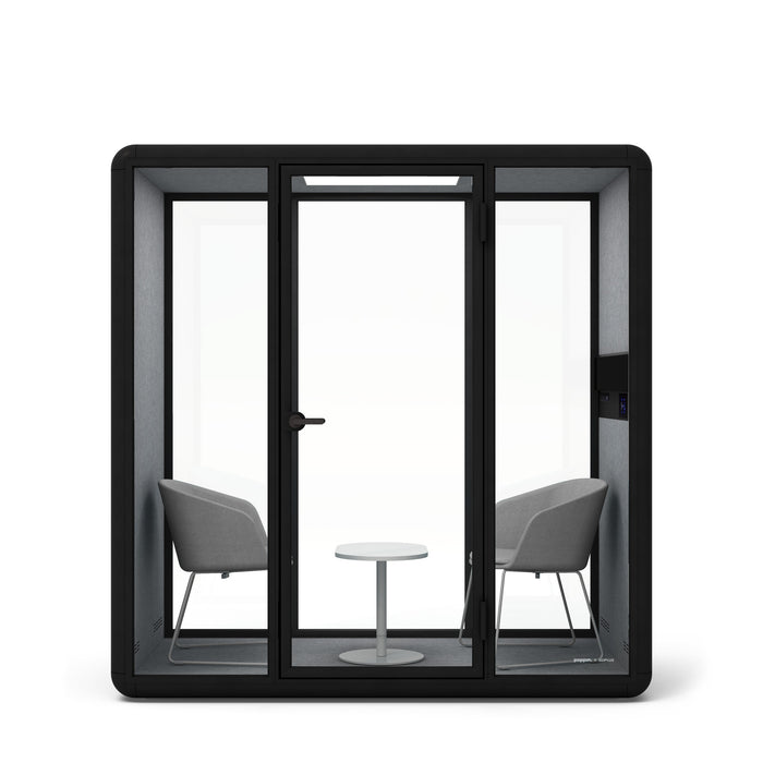 Modern office pod with soundproof glass doors and two armchairs on white background. (Gray)