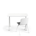Modern white office desk with a sleek grey chair on a white background. (White)