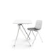 Modern white office desk with a grey chair on a white background. (White)