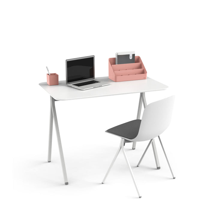 Modern minimalist home office setup with laptop, chair, and stationery on white desk (White)