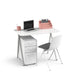 Modern home office setup with laptop, desk organizer, and chair on white background. (White)
