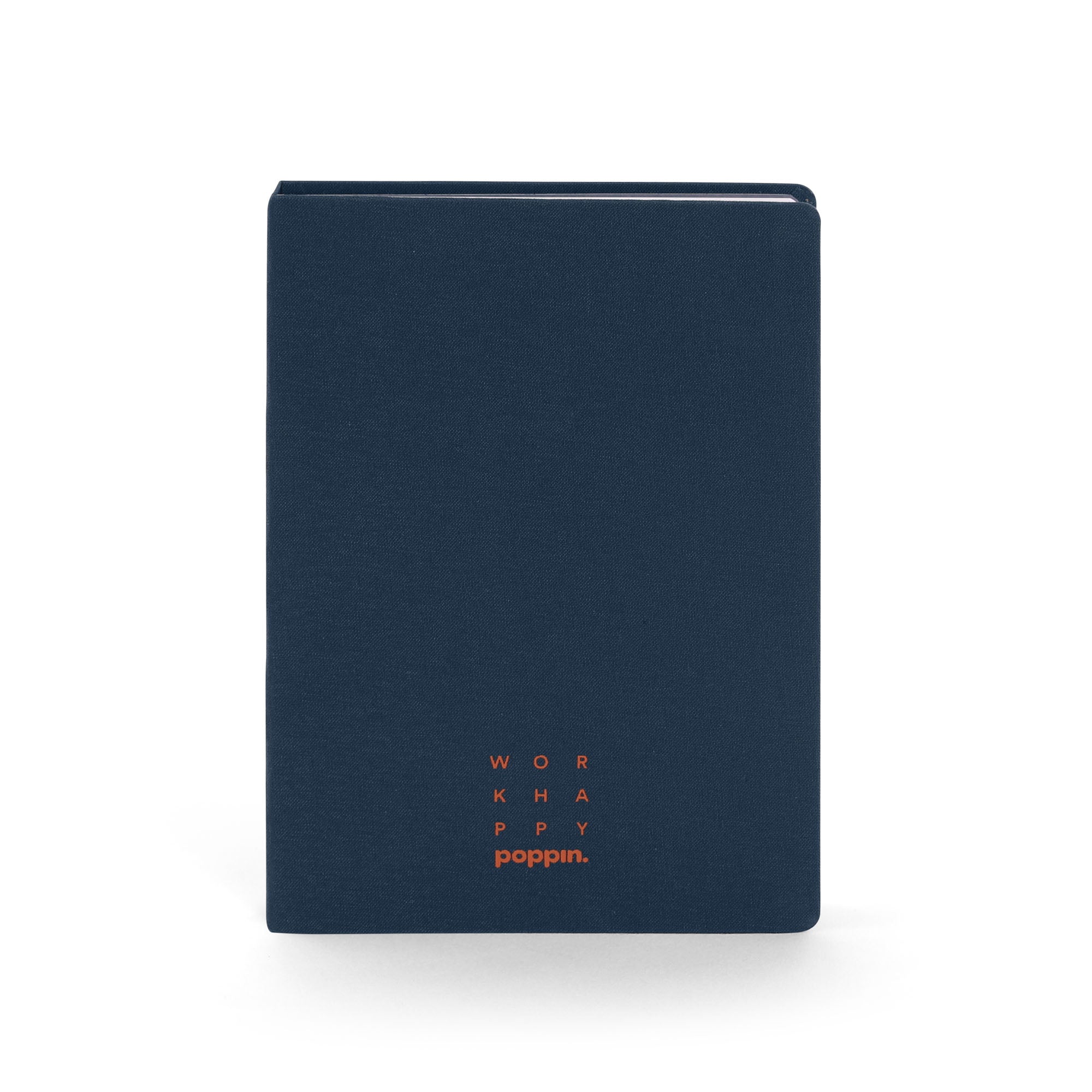 Navy blue Poppin notebook with 'Work Happy' slogan on cover against white background. (Lagoon)
