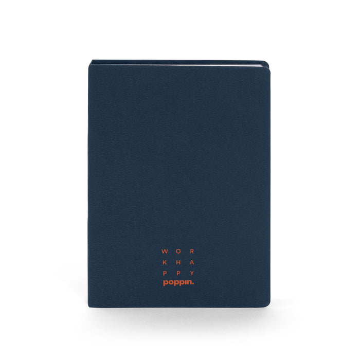 Navy blue Poppin notebook with 'Work Happy' slogan on cover against white background. (Lagoon)