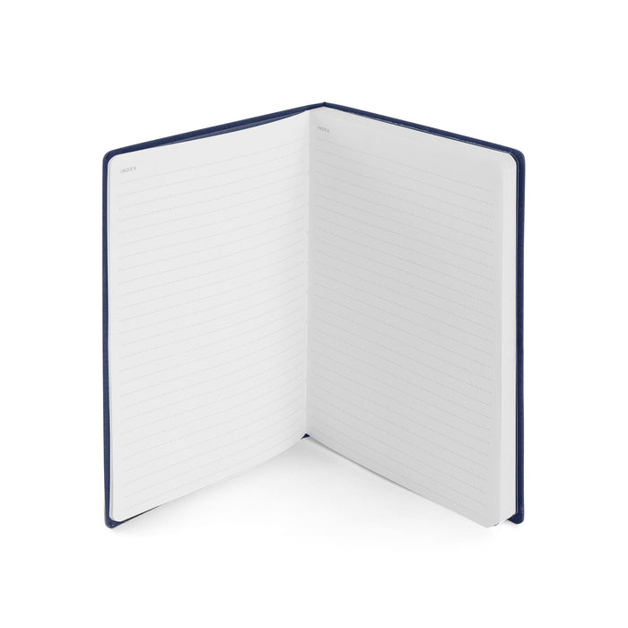 Open notebook with blank lined pages on white background. (Lagoon)
