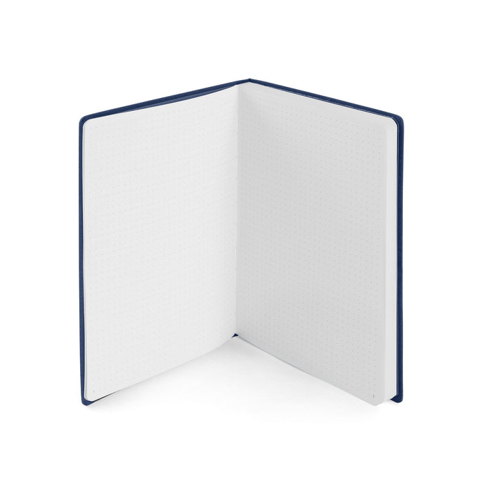 Open blank notebook with blue binding on a white background. (Lagoon)