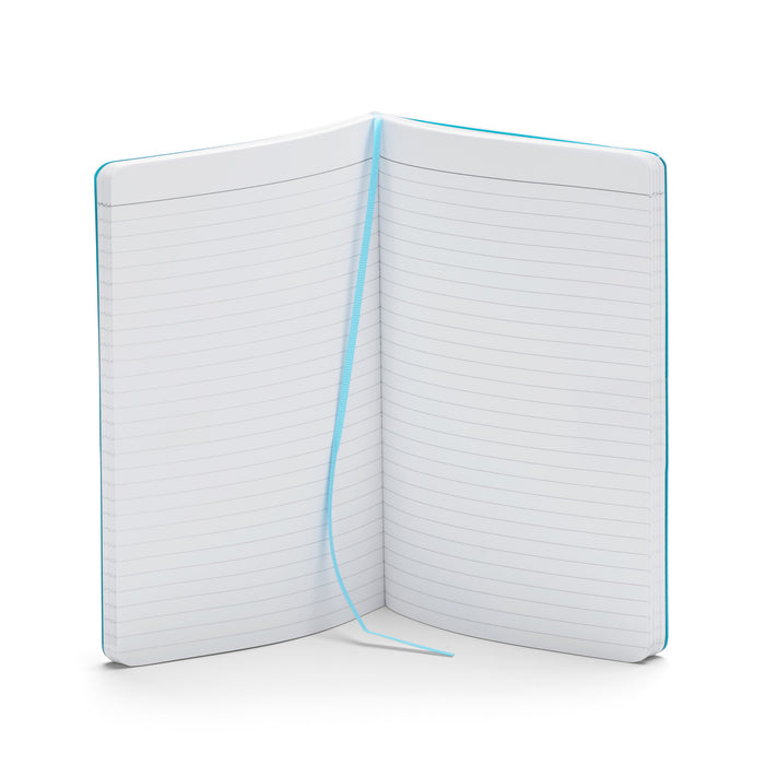 Open notebook with blank lined pages and a blue bookmark on white background. (Aqua)