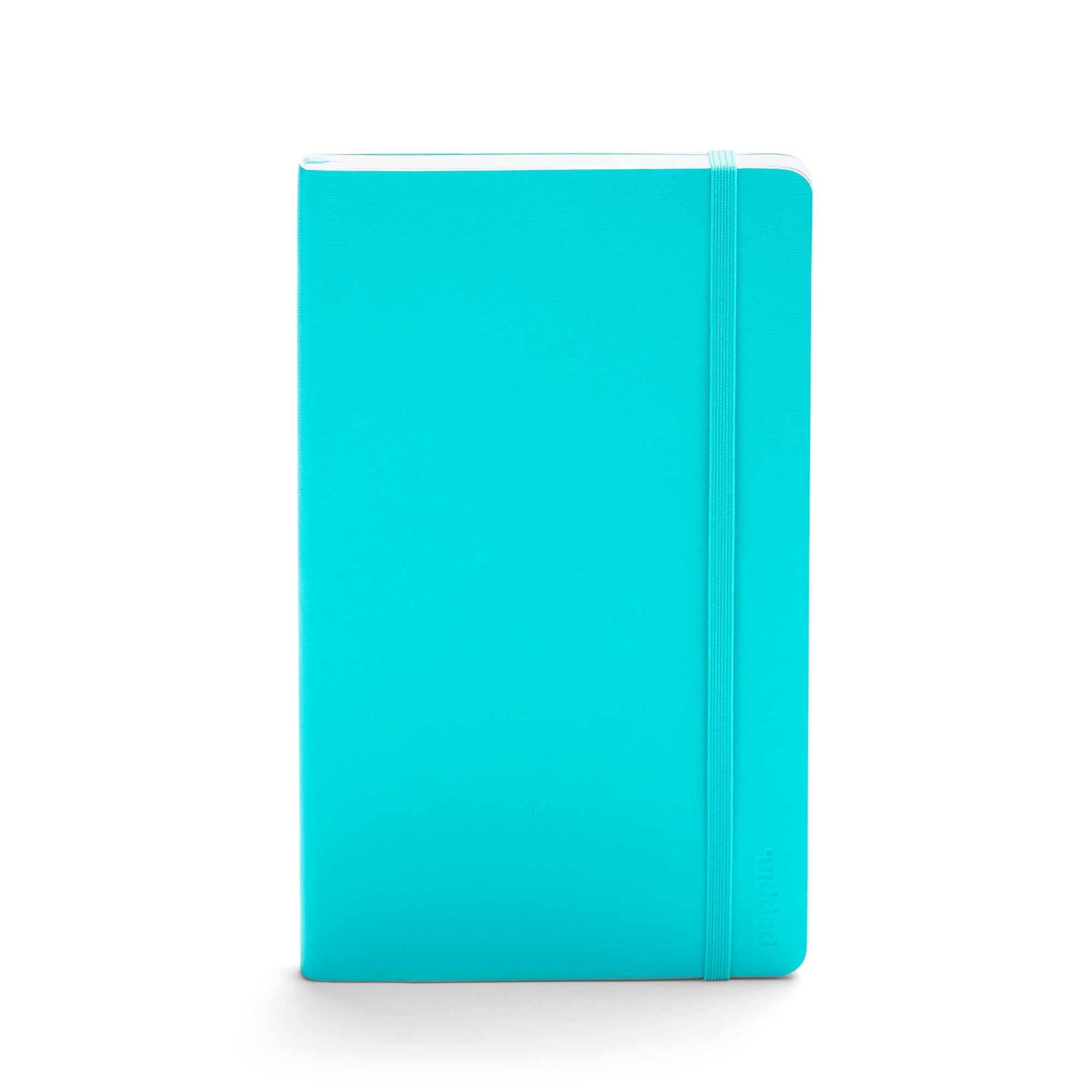 Bright teal notebook closed with elastic band on white background. (Aqua)