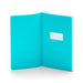 Open teal notebook with blank label on white background. (Aqua)