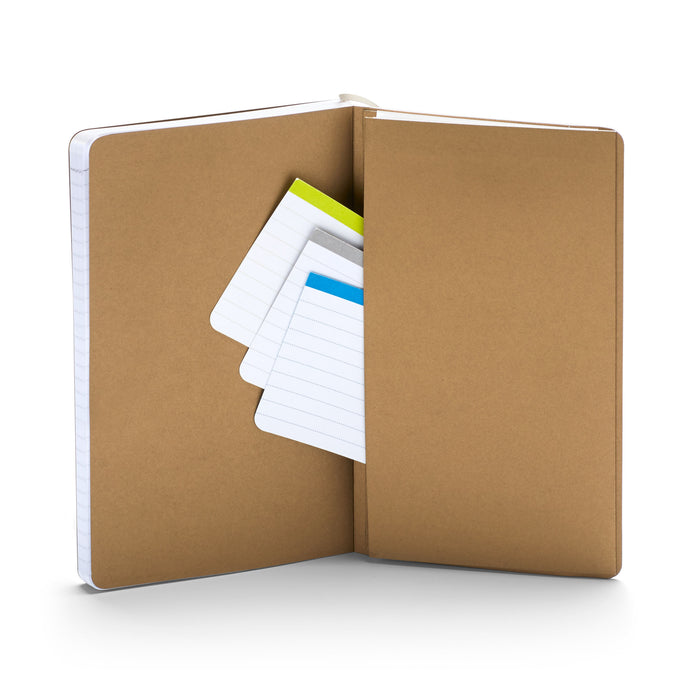 Open brown notebook with sticky notes and blank pages on white background. (Gold)