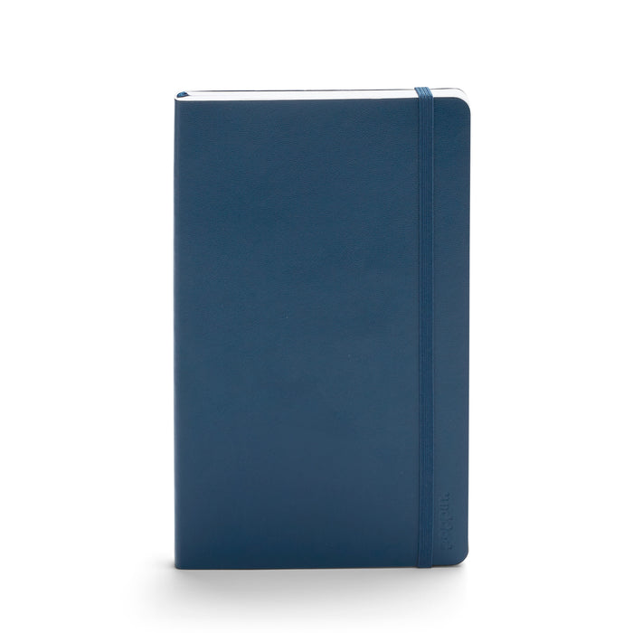 Blue leather notebook with elastic closure on white background. (Navy)