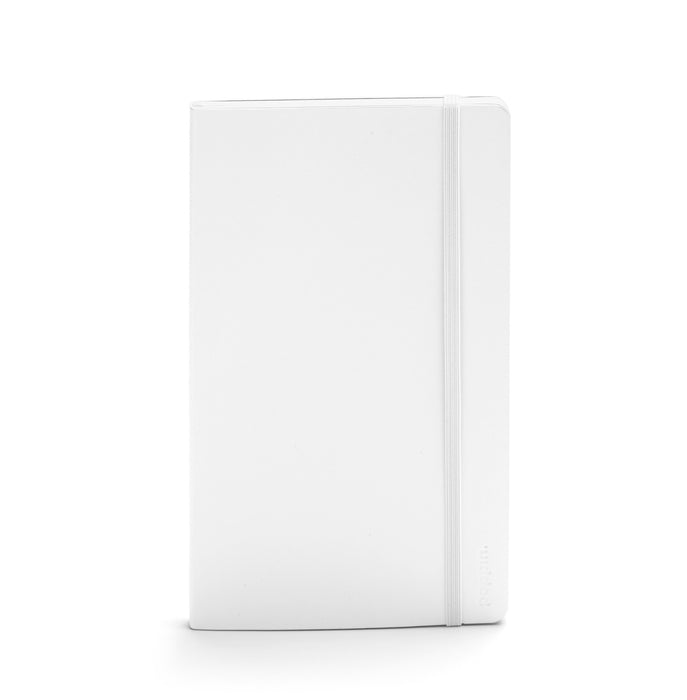 White hardcover notebook with elastic closure on a white background. (White)