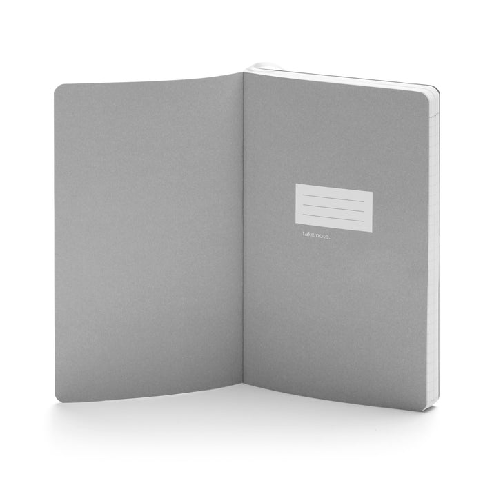 Open gray notebook with "Take note" label on white background. (White)