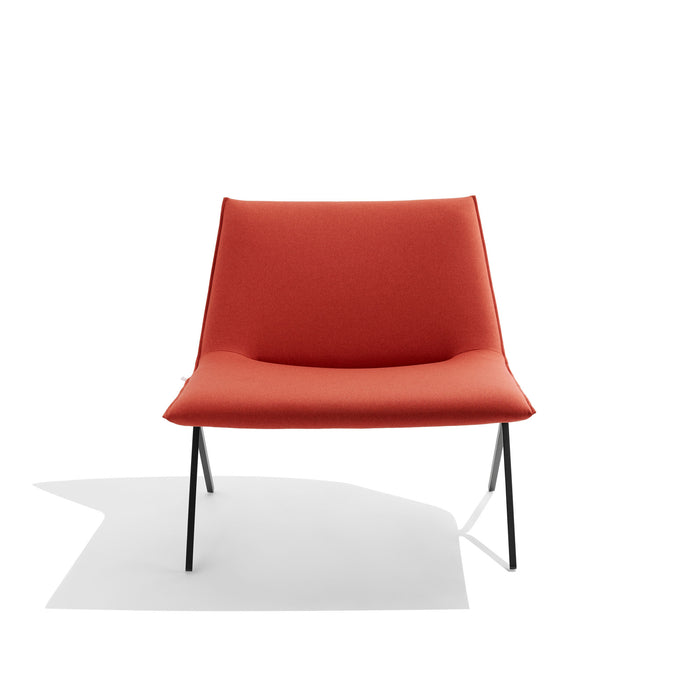 Modern red fabric lounge chair with black metal legs on white background. (Brick-Black)