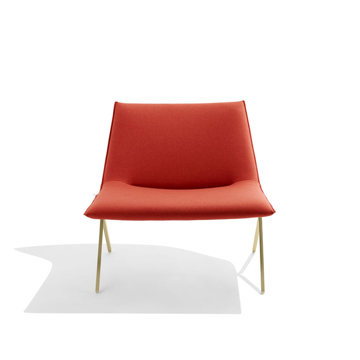 Stylish modern red lounge chair with gold legs on white background. (Brick-Brass)
