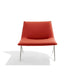 Modern red fabric lounge chair with sleek metal legs on white background. (Brick-Nickel)