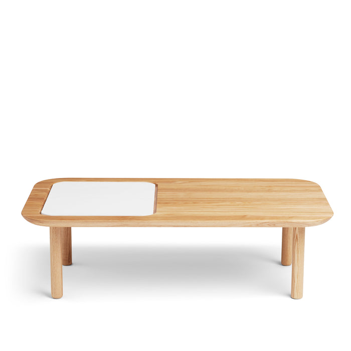Modern wooden coffee table with white top insert on a white background. (Natural Ash)