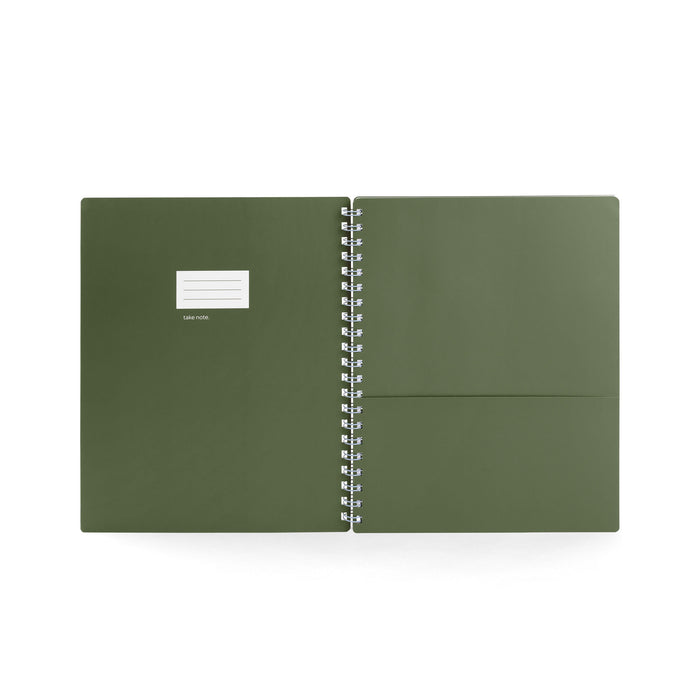Green spiral notebook closed with label on white background (Olive)