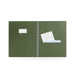 Green spiral notebook with label and papers on white background. (Olive)