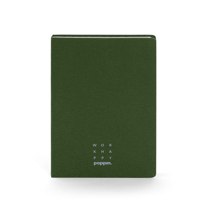 Green notebook with "work happy" inscription on cover against a white background. (Olive)