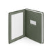 Open green notebook with blank lined pages against a white background. (Olive)