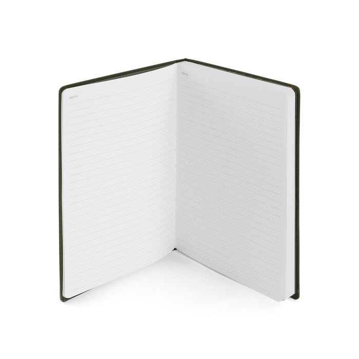Open blank lined notebook with black cover on white background (Olive)