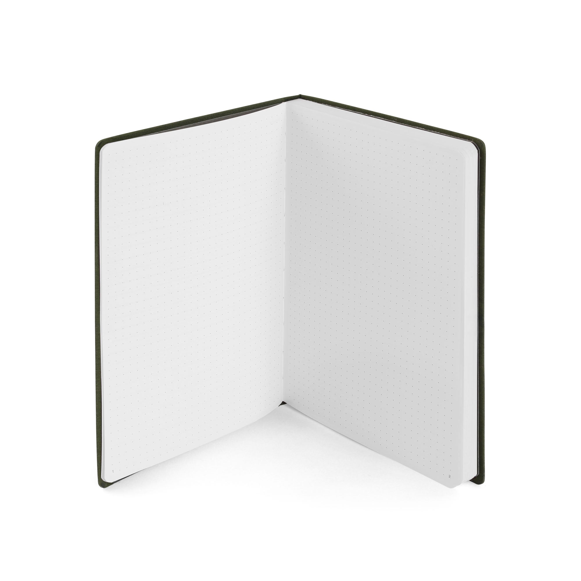 Open notebook with dotted pages on a white background. (Olive)