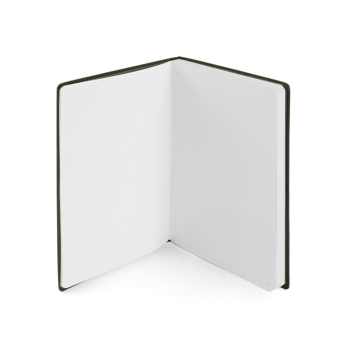 Open notebook with dotted pages on a white background. (Olive)