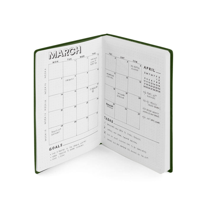 Monthly planner open on March and April pages with goals and tasks sections. (Olive)