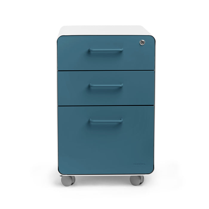 Blue three-drawer mobile pedestal file cabinet on a white background. (Slate Blue-White)